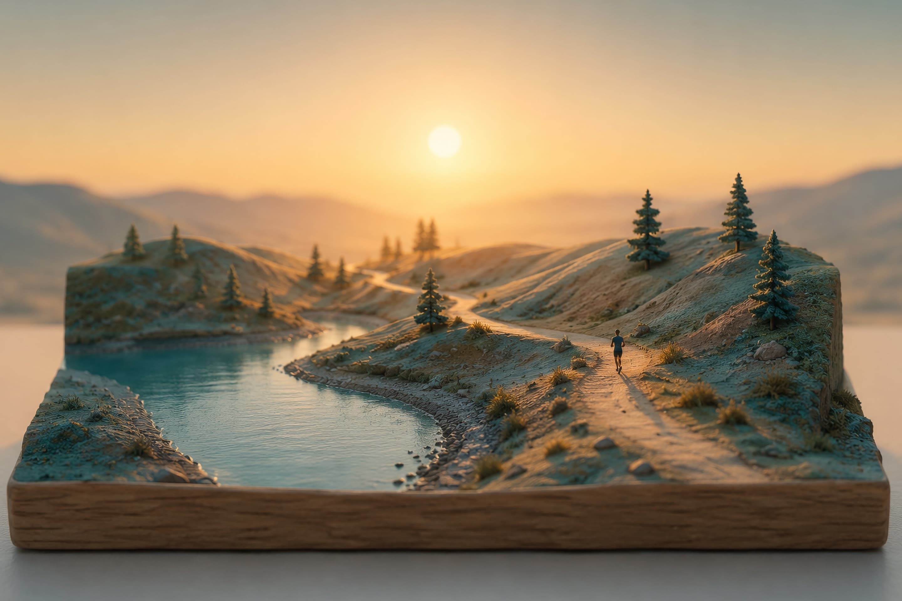 A miniature landscape diorama: a winding trail through hills toward a low sun, with a lone runner and a teal lake