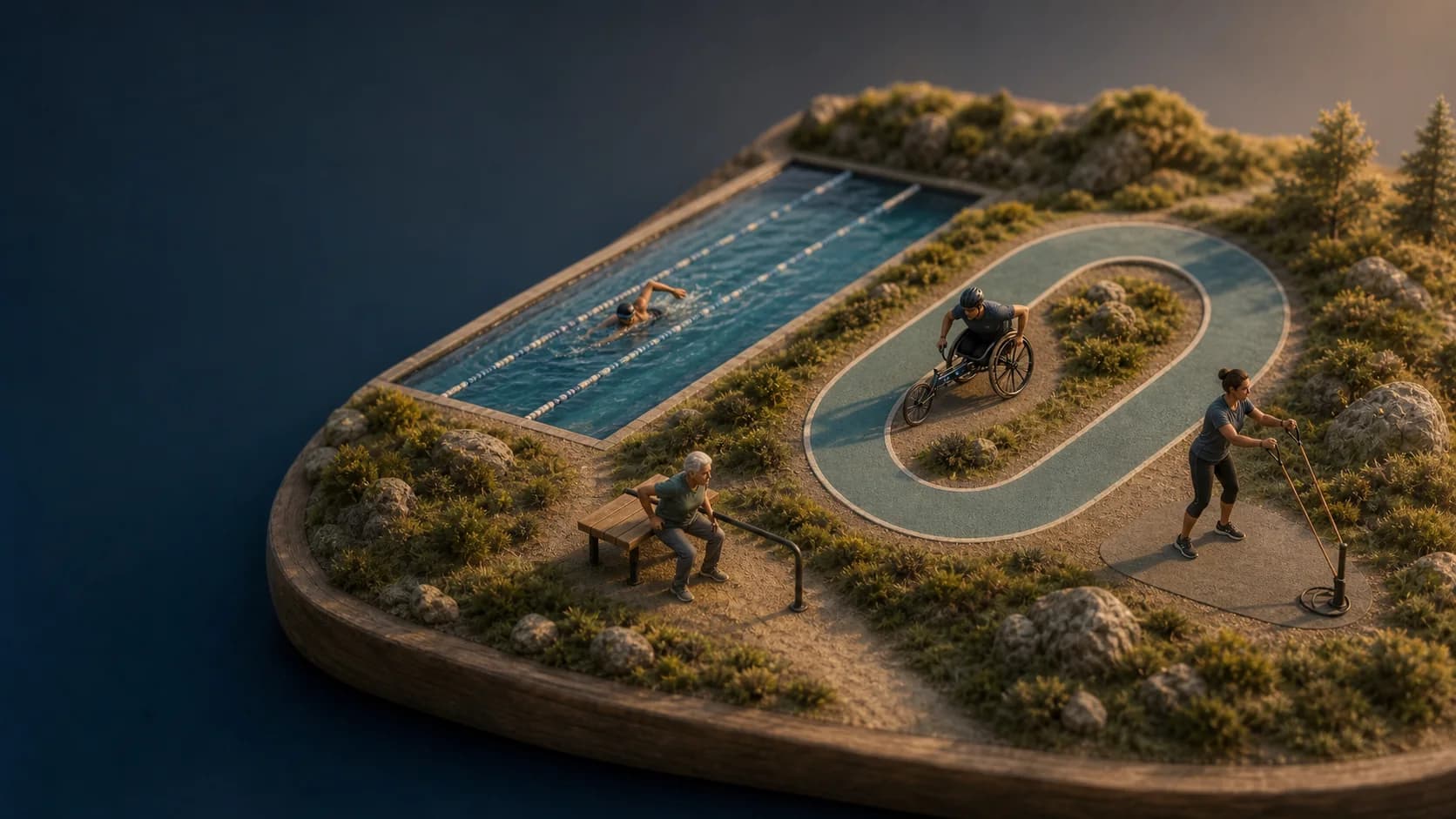 A miniature landscape with racing-chair training, swimming, mobility work, and strength exercise.