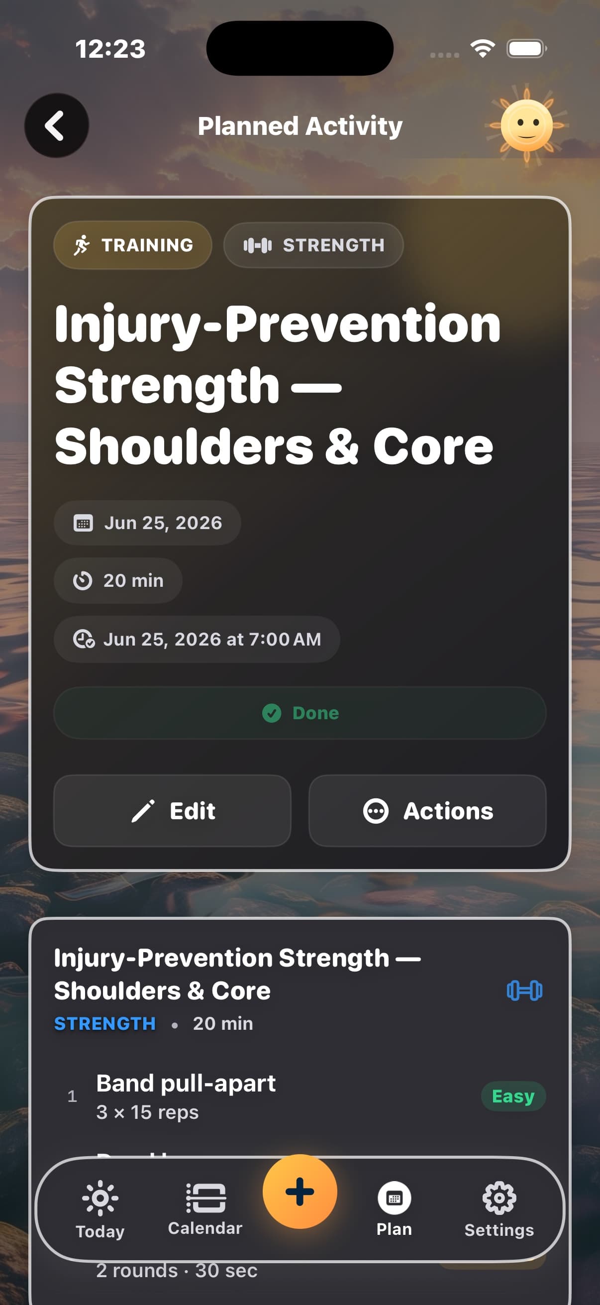 Diorama planned activity screen for injury-prevention strength work.