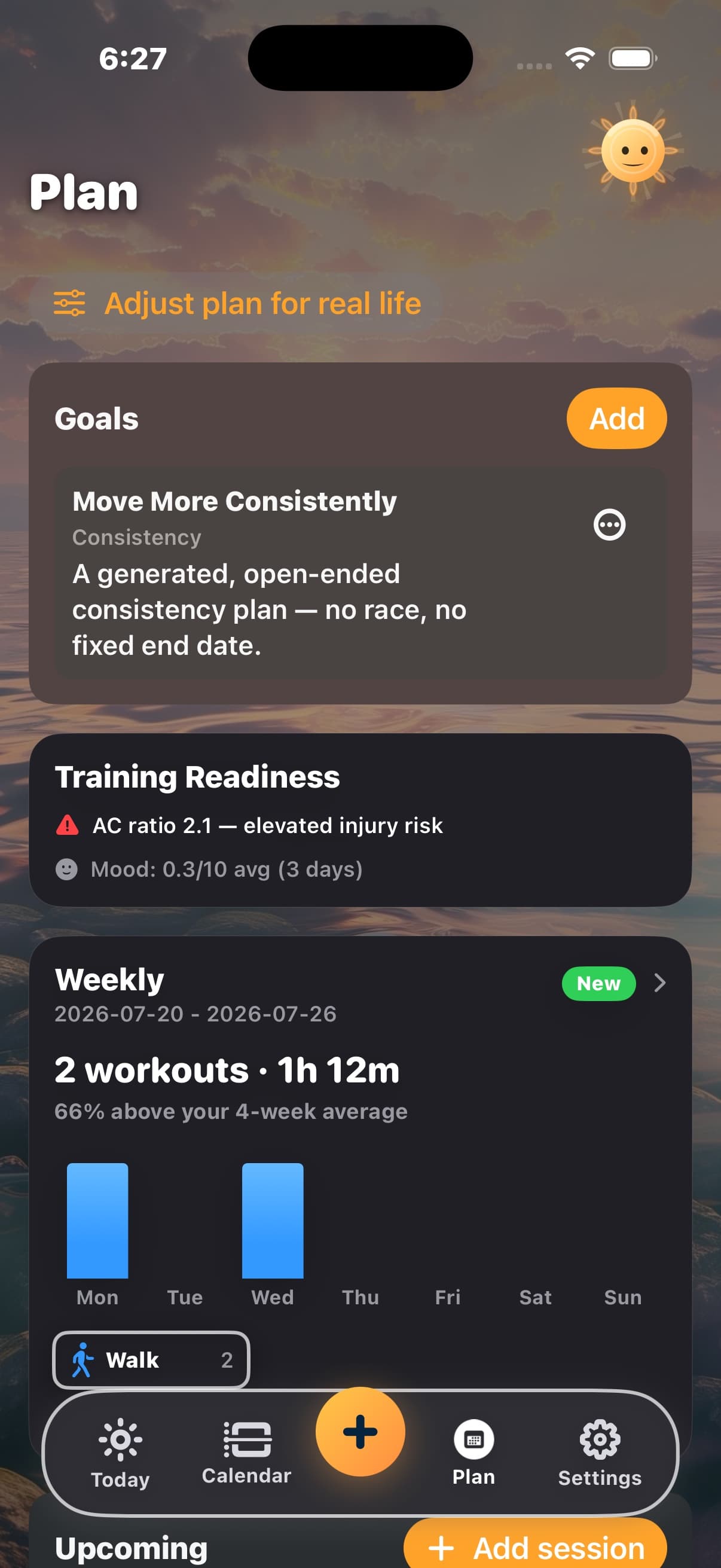Diorama Plan screen showing a consistency goal, training readiness, and a weekly training overview.