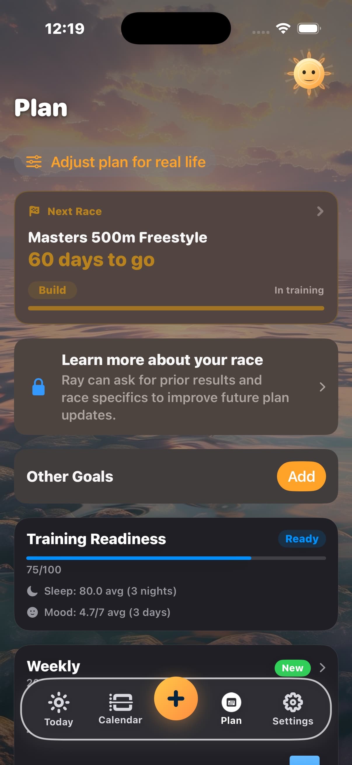 Diorama Plan screen showing a Masters 500m Freestyle goal.