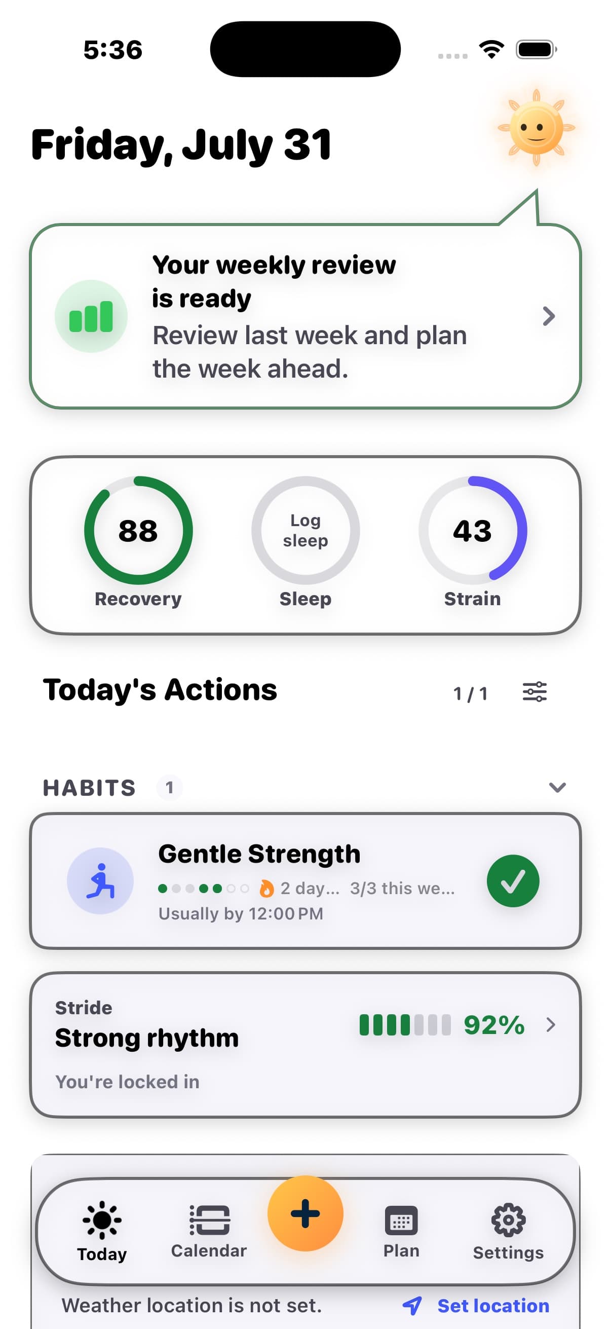 Diorama Today screen showing recovery, sleep, and daily actions for an athlete.