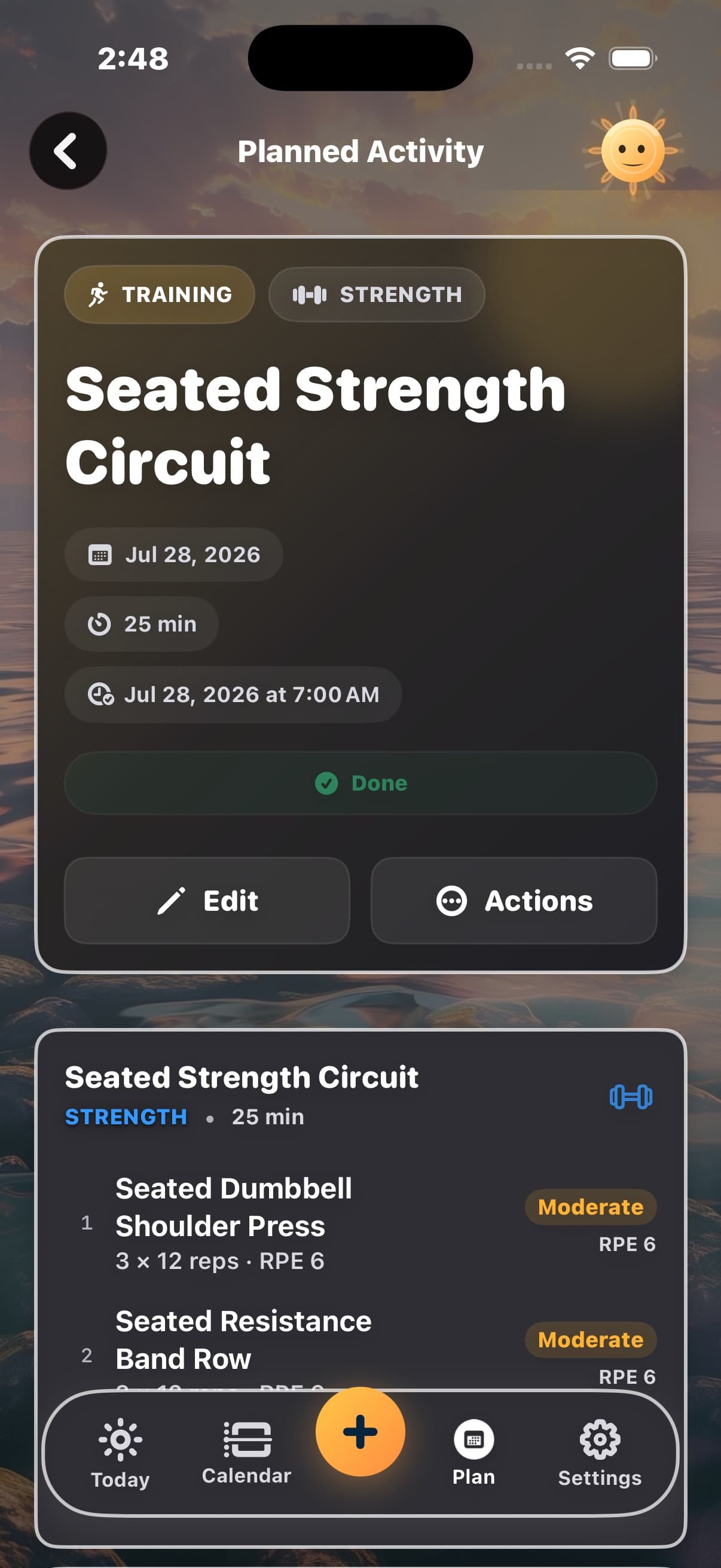 Diorama planned activity screen showing a seated strength circuit, session duration, and exercises.