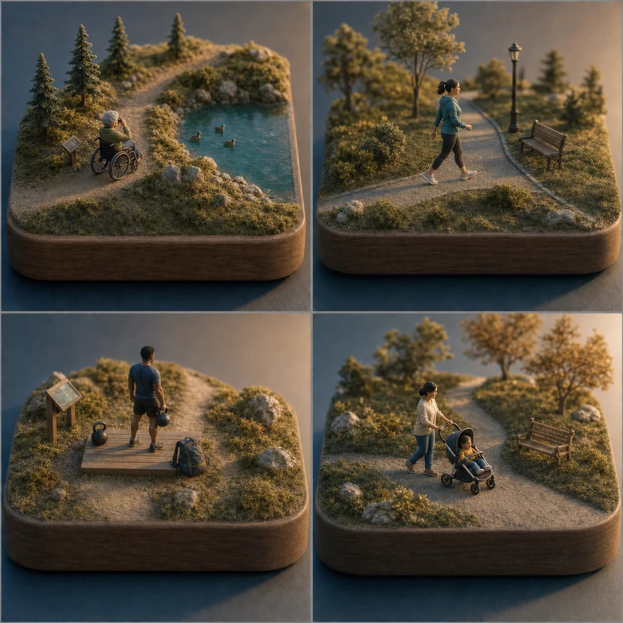 Four miniature scenes: an older wheelchair user bird-watching, a person walking, a Black man strength training, and a parent walking with a stroller.