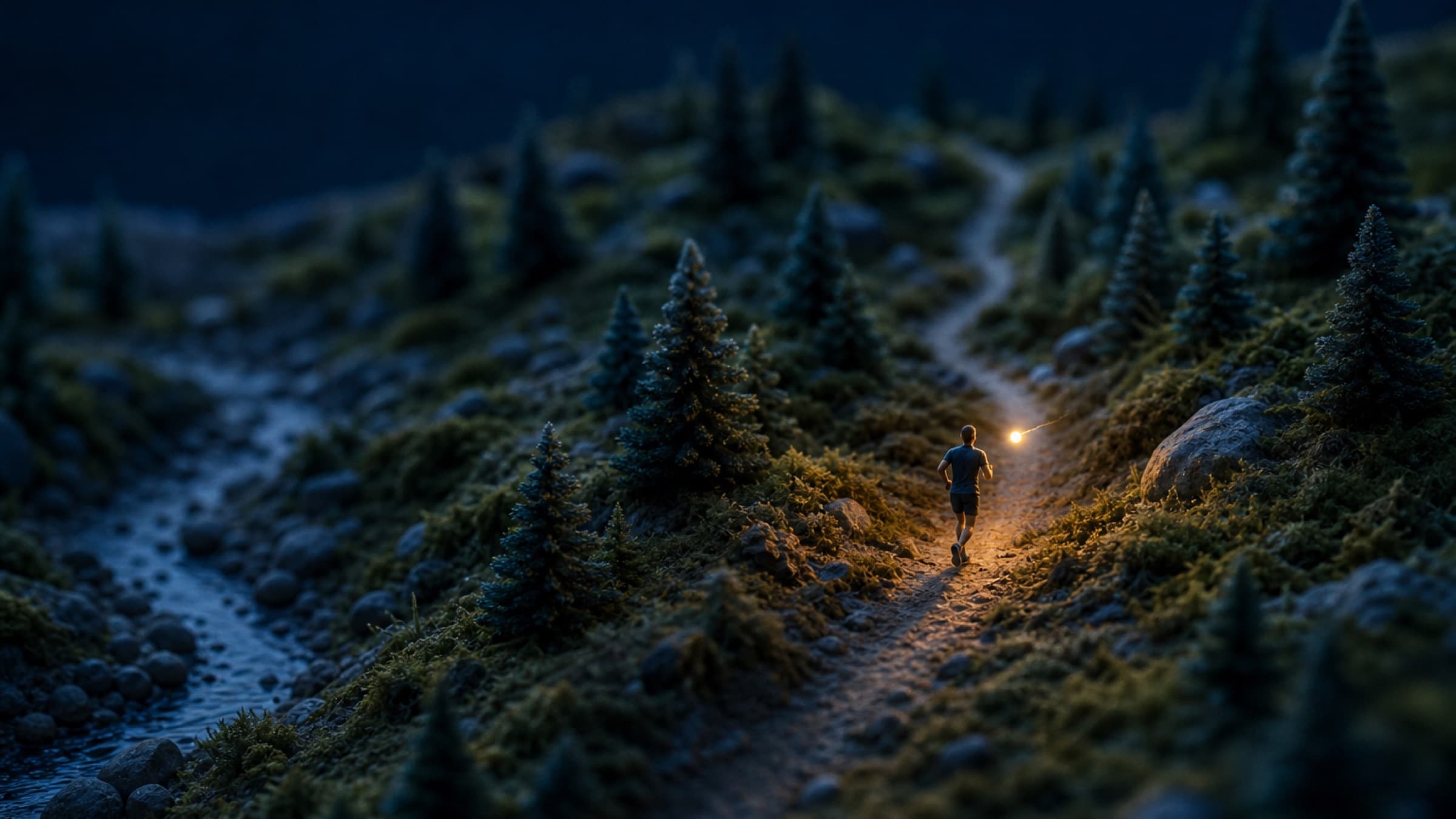 A handcrafted miniature runner on a night trail, lit by Ray, a small amber wisp hovering at their shoulder