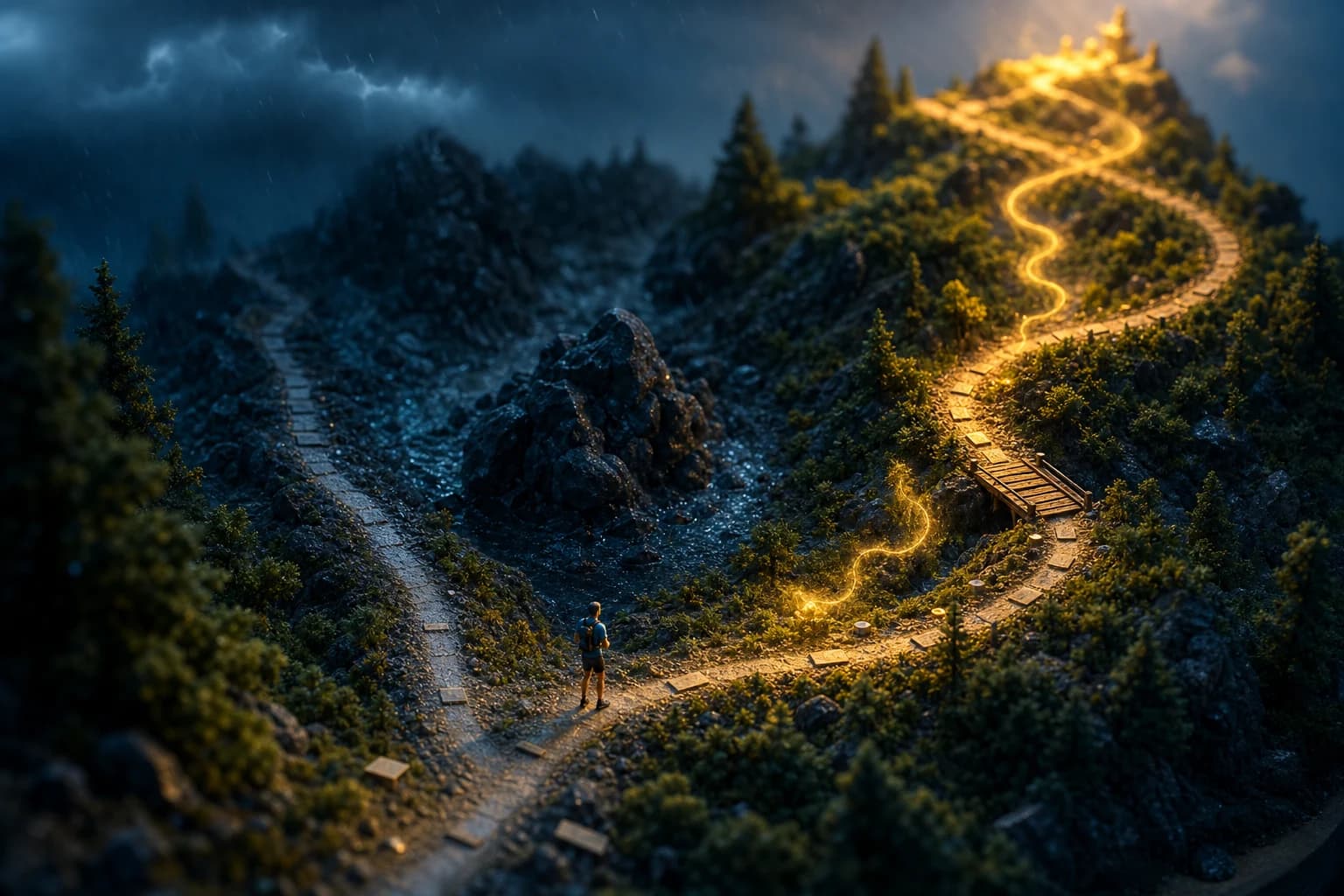 A miniature runner choosing an adjusted illuminated trail around a storm-dark valley