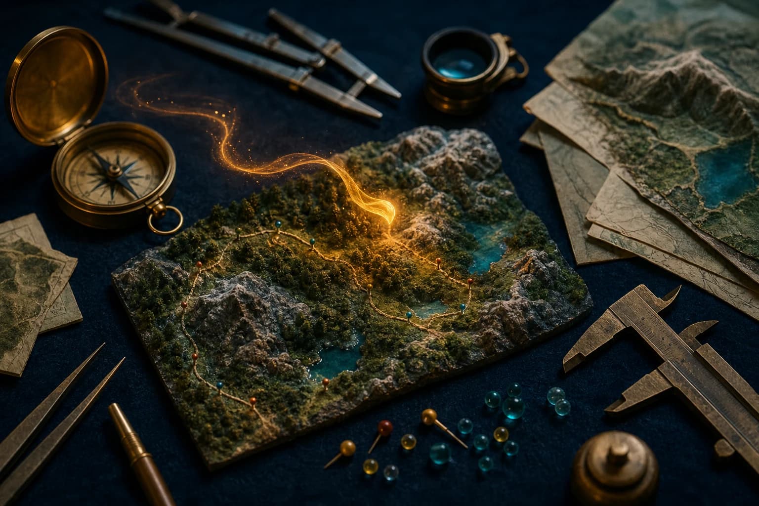 A miniature topographic training landscape surrounded by brass measuring tools and Ray's warm light