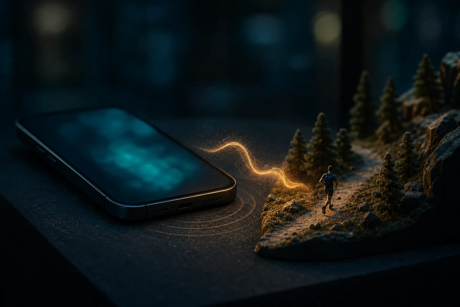 A phone and miniature running landscape connected by Ray's warm light in a private night-time exhibit