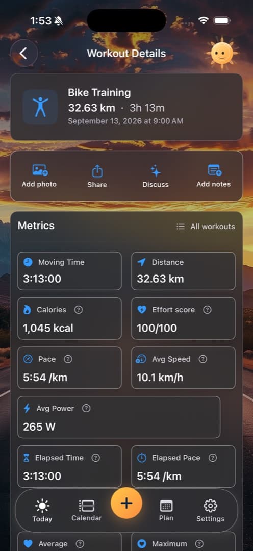 Diorama Bike Training details showing distance, duration, average power, heart rate, and cadence