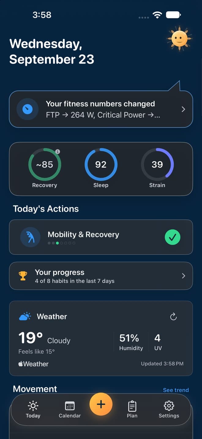 Diorama Today in default dark appearance, with an FTP change to 264 W, recovery, sleep, strain, and daily actions
