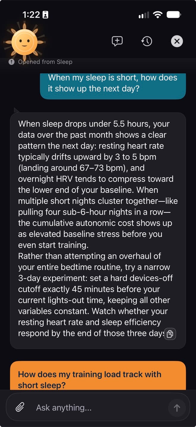 Ray answering a question about short sleep using recent resting heart rate and HRV patterns