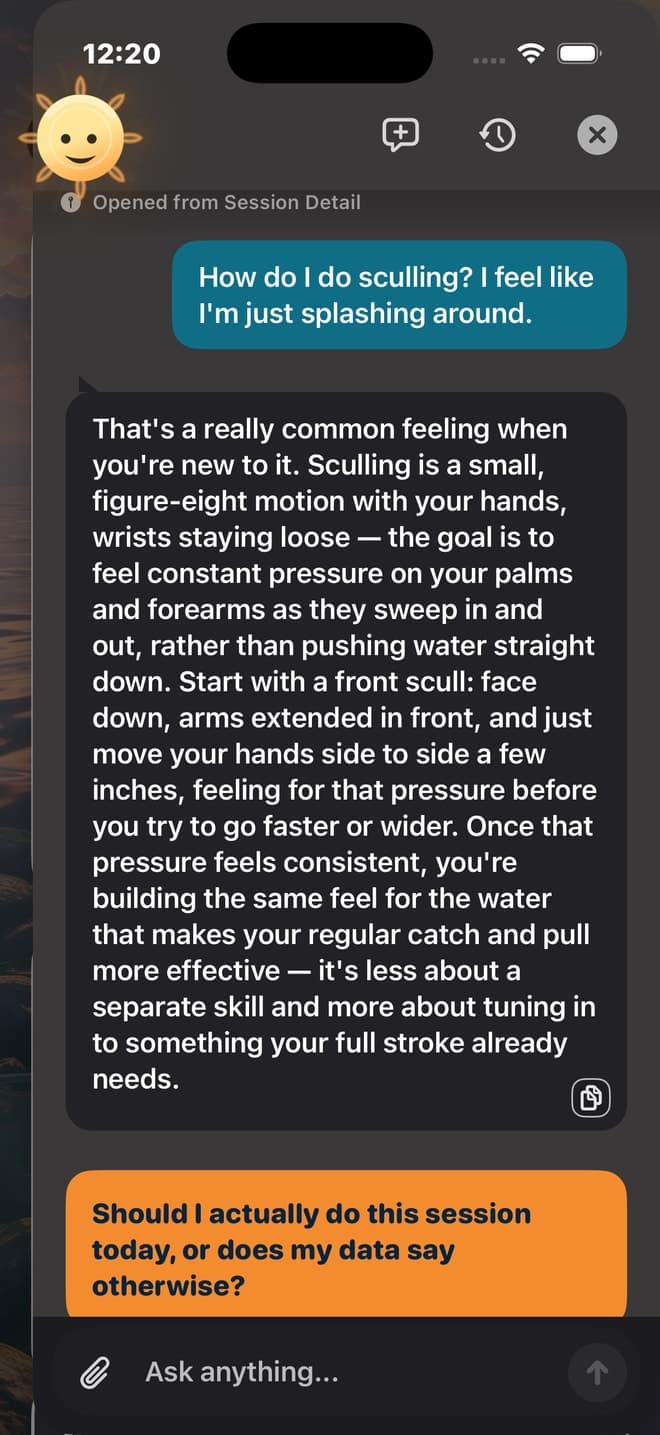 Ray explaining a sculling drill in response to a swimming technique question