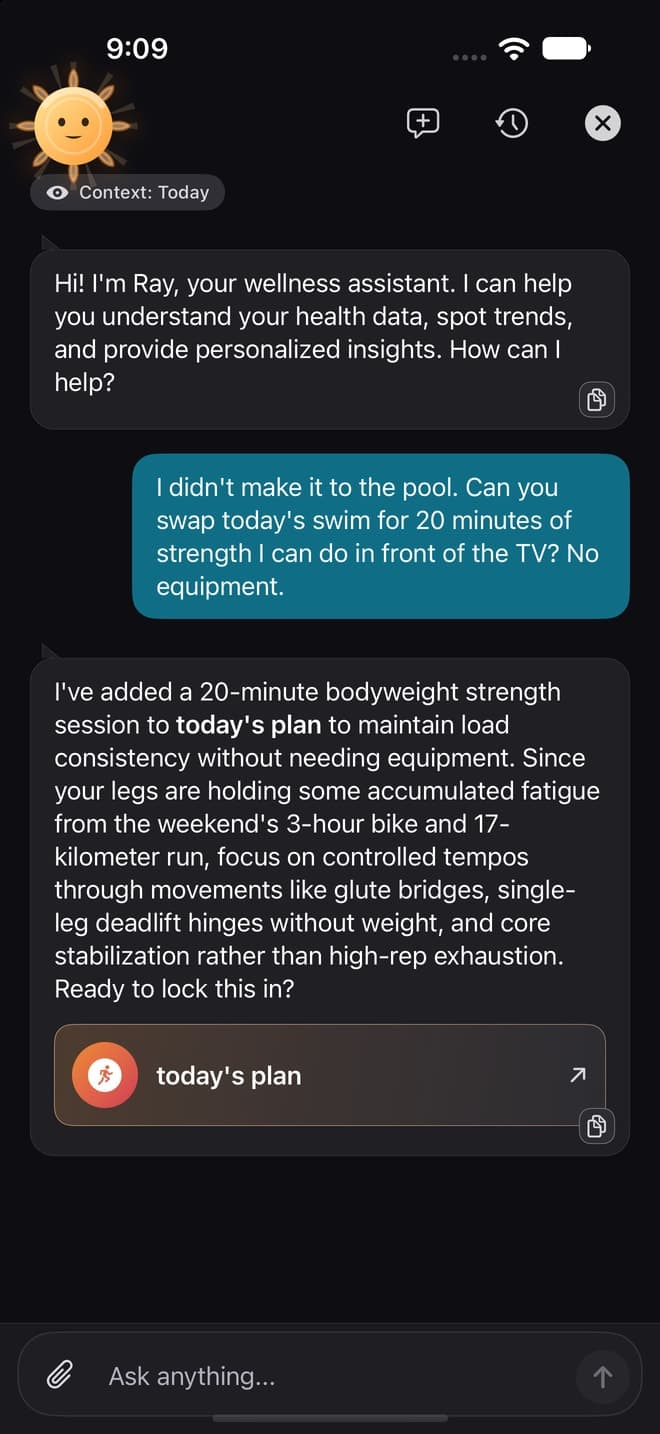 Ray explaining a proposed swim-to-strength change using recent cycling and running fatigue