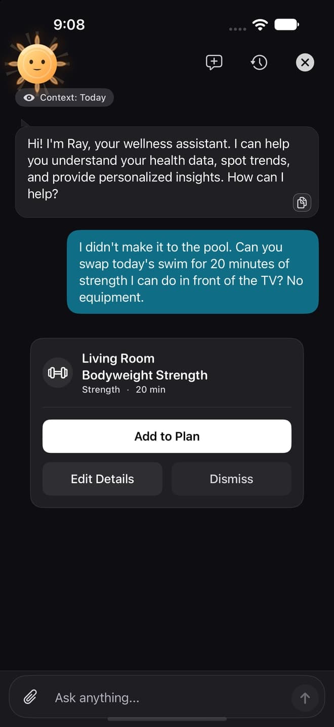 Ray proposing a 20-minute bodyweight strength session, with Add to Plan, Edit Details, and Dismiss controls