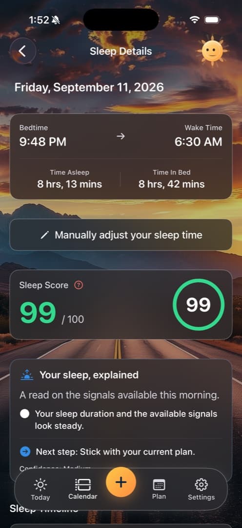 Diorama Sleep Details showing a night's sleep period, sleep score, and a short morning explanation