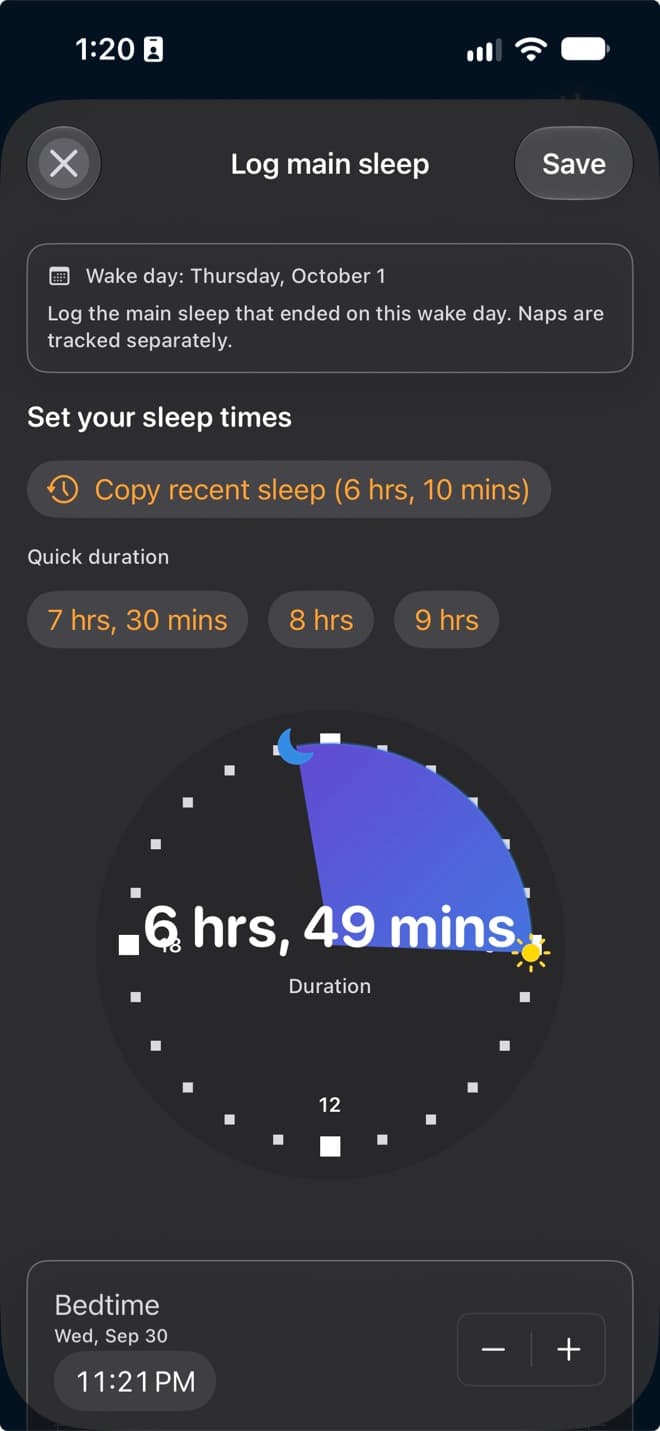 Diorama manual sleep entry showing recent sleep, quick durations, a sleep-time dial, and bedtime controls