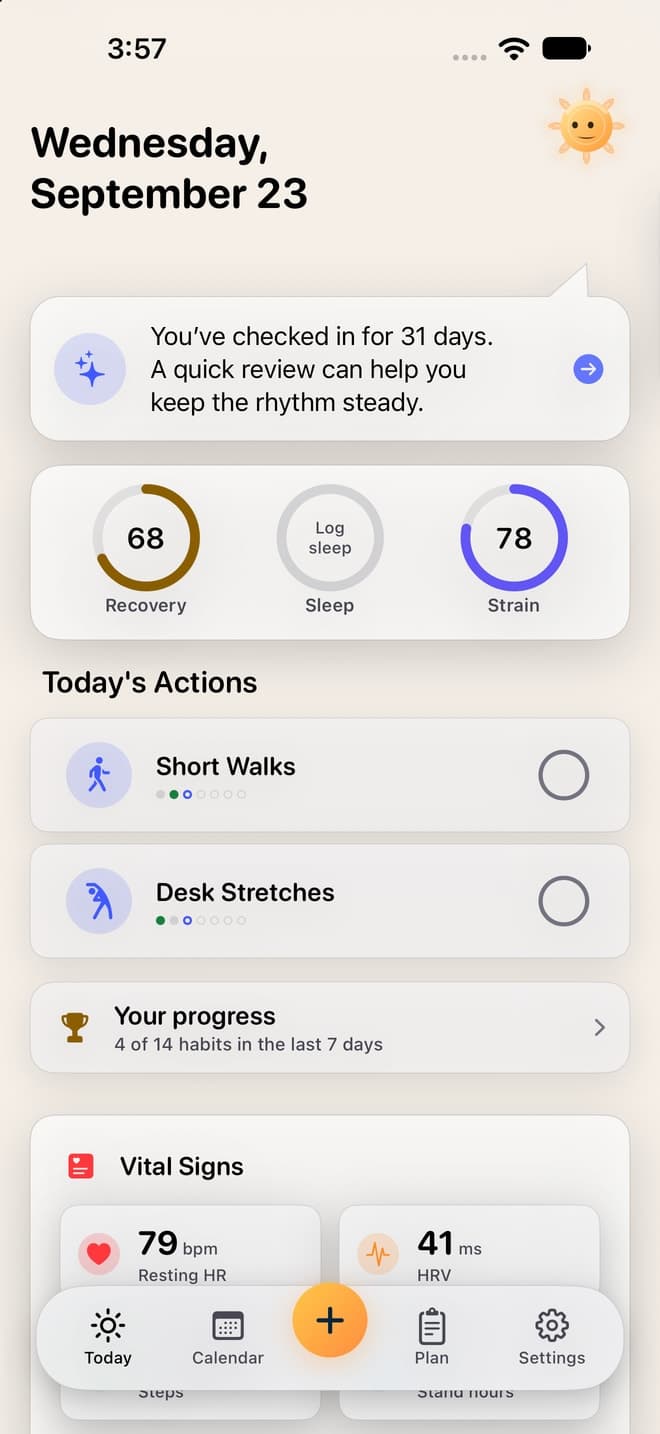 Diorama Today in light appearance showing recovery, daily movement actions, resting heart rate, and HRV