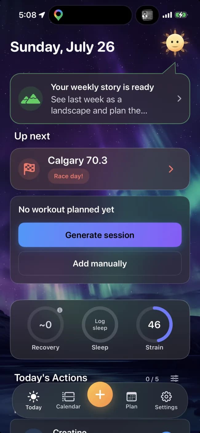 Diorama Today screen on Calgary 70.3 race day, with a race card, session generator, recovery, sleep, strain, and daily actions