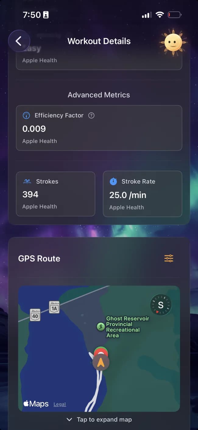 Diorama swim workout details showing efficiency factor, stroke count, stroke rate, and a GPS route map