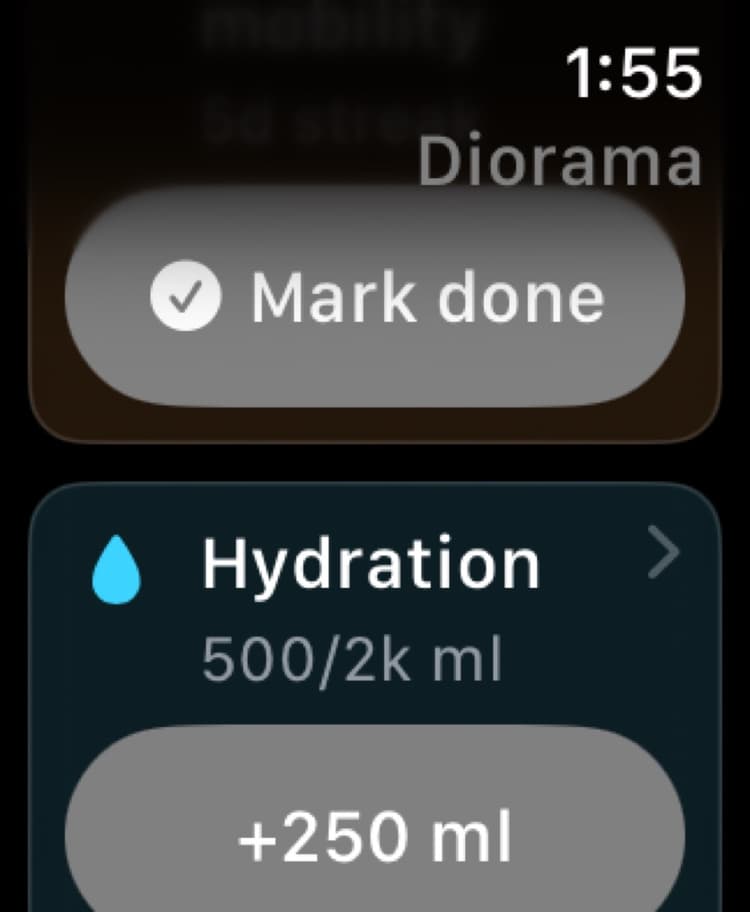 Diorama Apple Watch hydration habit showing 500 of 2,000 milliliters and an add action