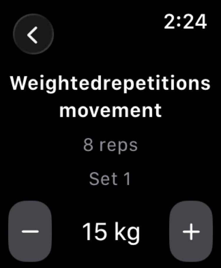 Diorama Apple Watch strength tracker showing reps, set number, weight, and set controls