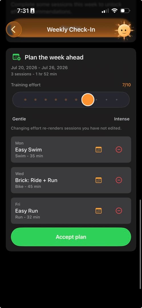 Diorama Weekly Check-In proposing an easy swim, bike-to-run brick, and easy run with an adjustable training effort