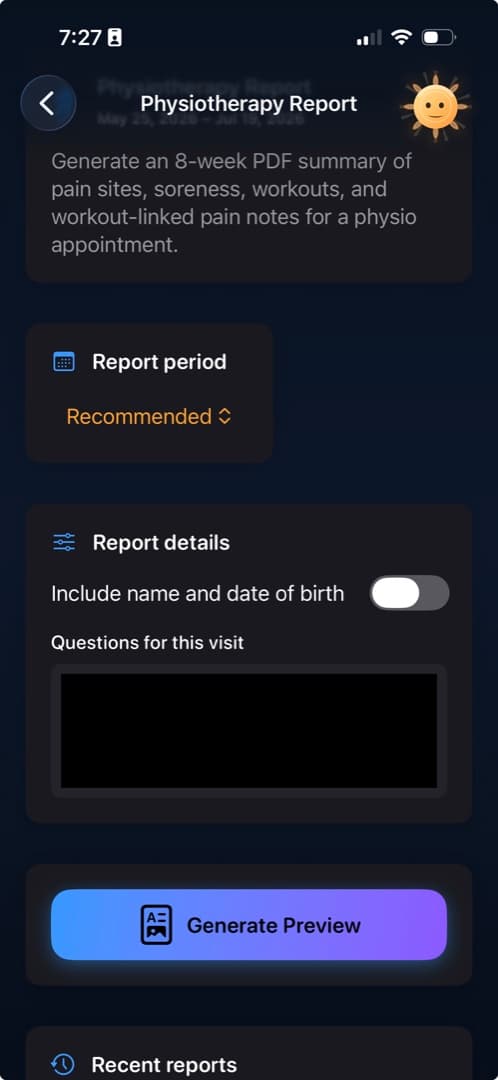 Diorama physiotherapy report generator with report period and questions for the visit