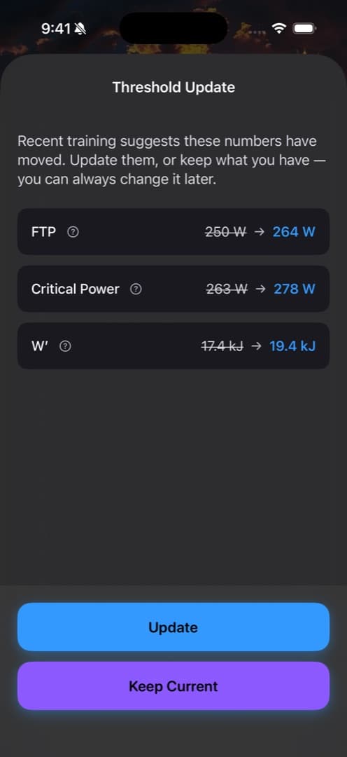 Diorama Threshold Update screen: FTP moving from 250 W to 264 W, Critical Power from 263 W to 278 W, and W′ from 17.4 kJ to 19.4 kJ, with Update and Keep Current buttons.