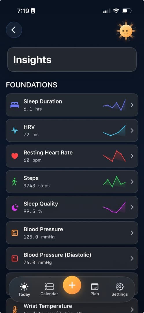 Diorama Insights showing sleep, HRV, resting heart rate, steps, sleep quality, and blood pressure trends